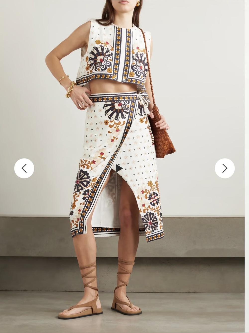 FARM Rio White Wrap Midi Skirt with Navy & Mustard Print